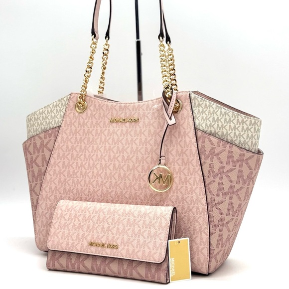 Michael Kors Large Jet Set Travel Shoulder Bag & Trifold Wallet Light Pink Multi - Picture 1 of 13